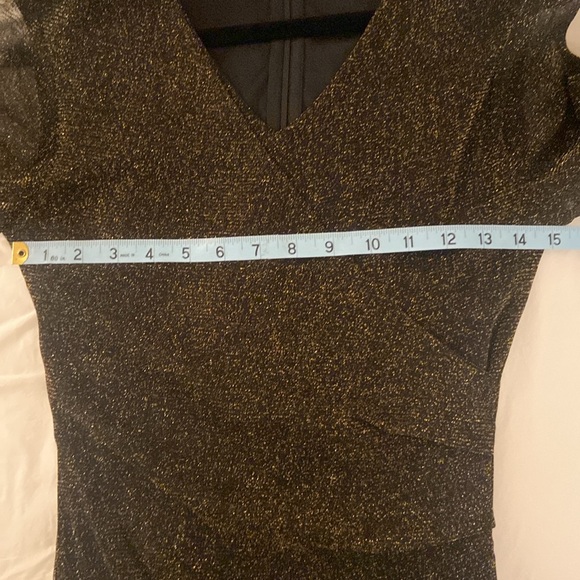 Faux Wrap Party Dress, Gold Shimmer on Black, Sheer Sleeves, Size Medium - Picture 7 of 9